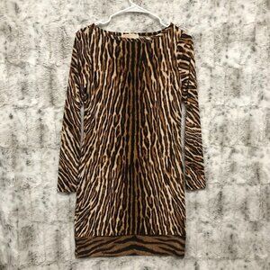 Michael Kors Women's Tiger Print Beige Brown Black Long Sleeve Shift Dress XS